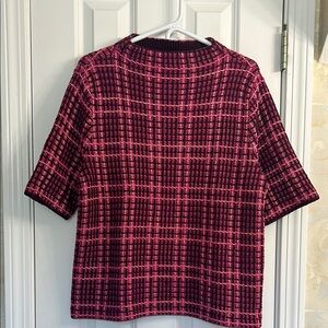 Ann Taylor Pink and Black Plaid Half Length Sleeve Sweater /Metallic Threads.EUC